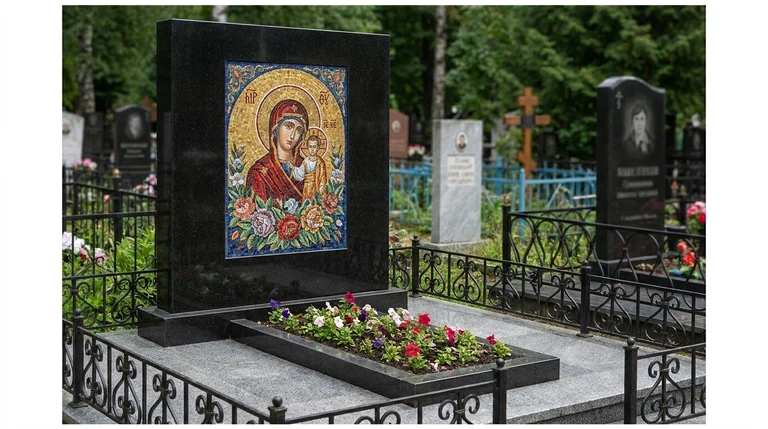 Мозаика на памятник в Казани — цветное панно из смальты на чёрной гранитной стеле