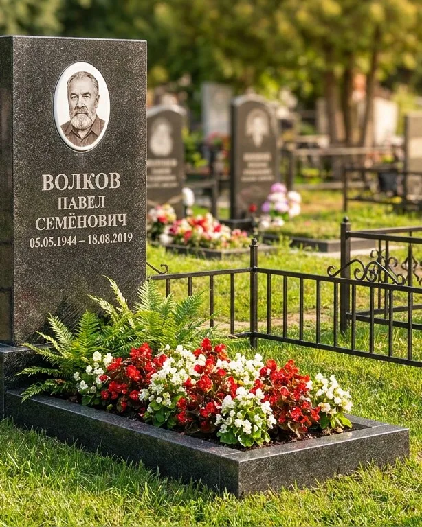 Тёмно-серый памятник под ключ с художественной гравировкой в Казани