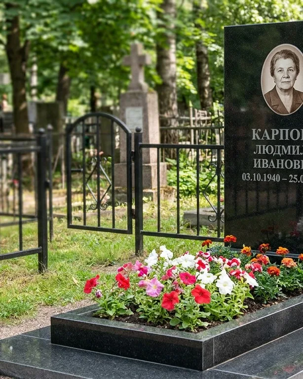 Памятник под ключ с низкой оградой и цветником в Казани