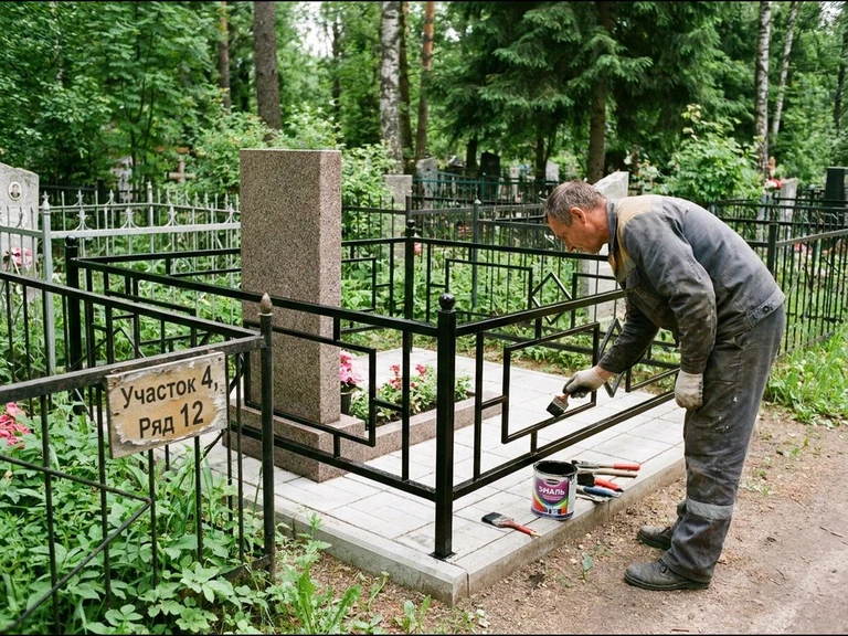 Покраска оградки на кладбище в Казани — мастер красит металлическую ограду на могиле чёрной эмалью