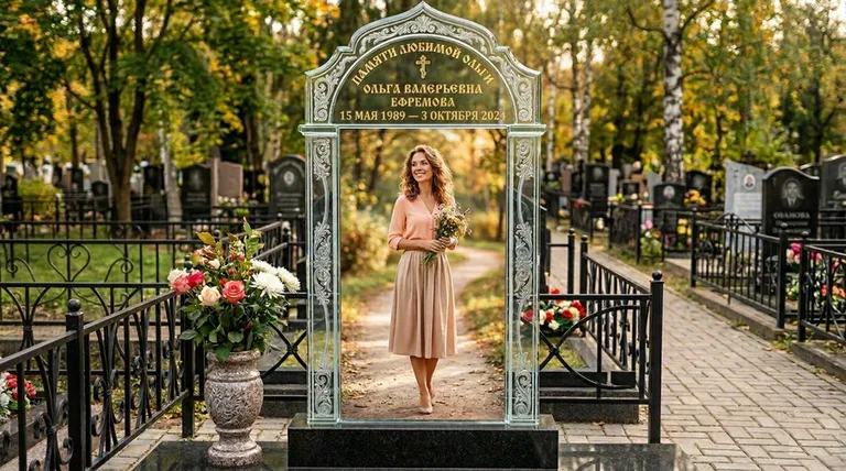 Портрет на стекле в форме арки на памятнике в Казани