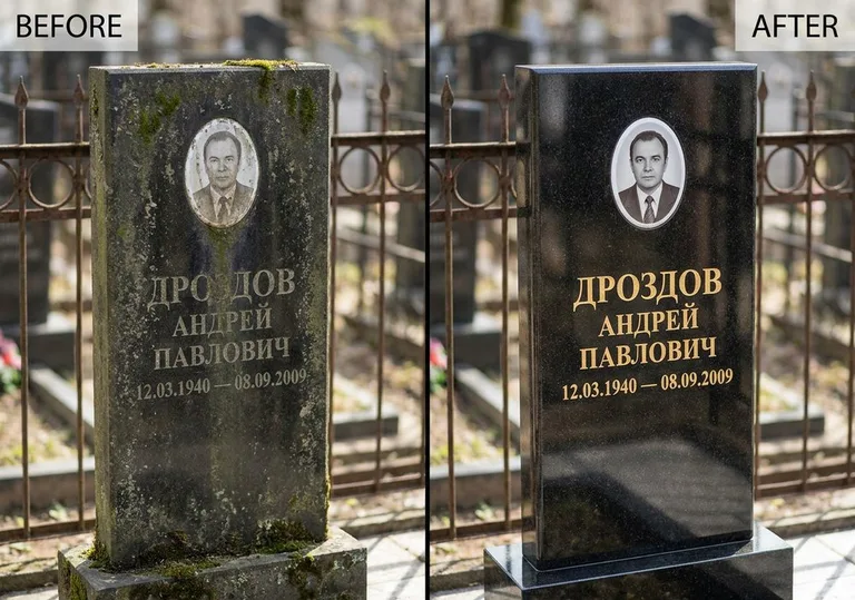 Чистка и полировка гранитного памятника: до и после в Казани
