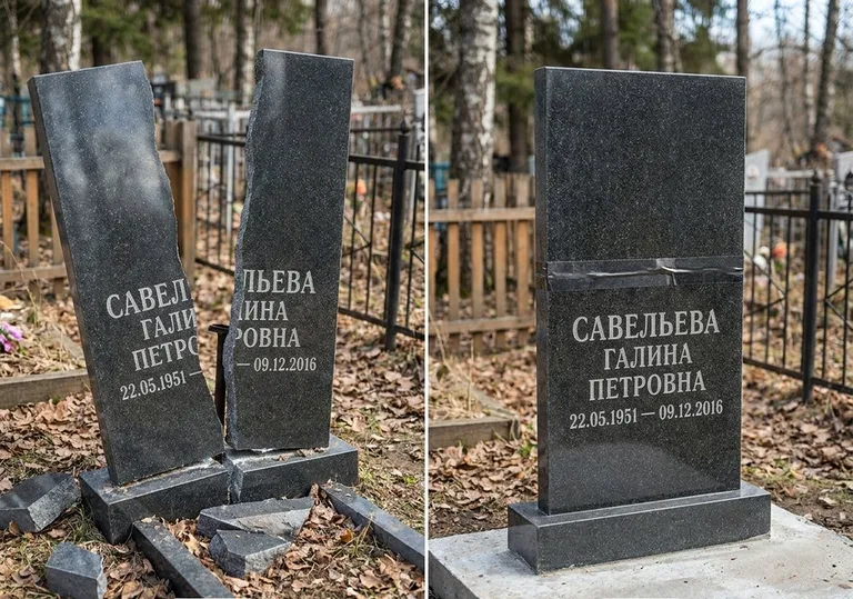 Склейка расколотого гранитного памятника: до и после в Казани