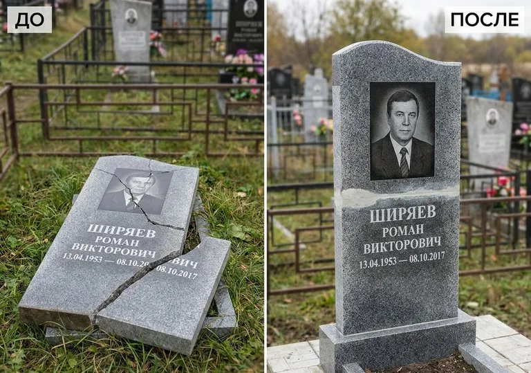 Обновление золочёных букв на граните: до и после в Казани