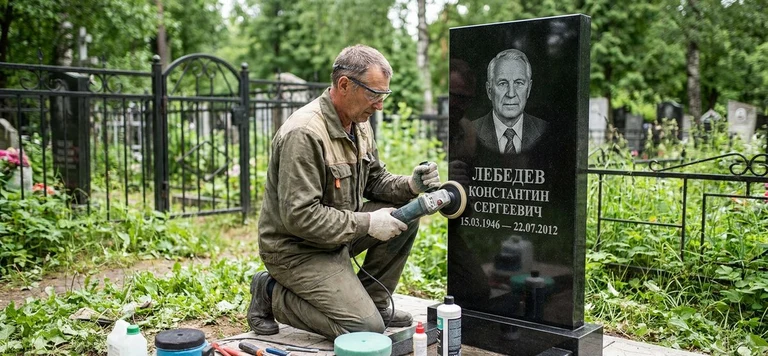 Реставрация памятника в Казани — восстановление гранита, заделка трещин и обновление надписей на кладбище