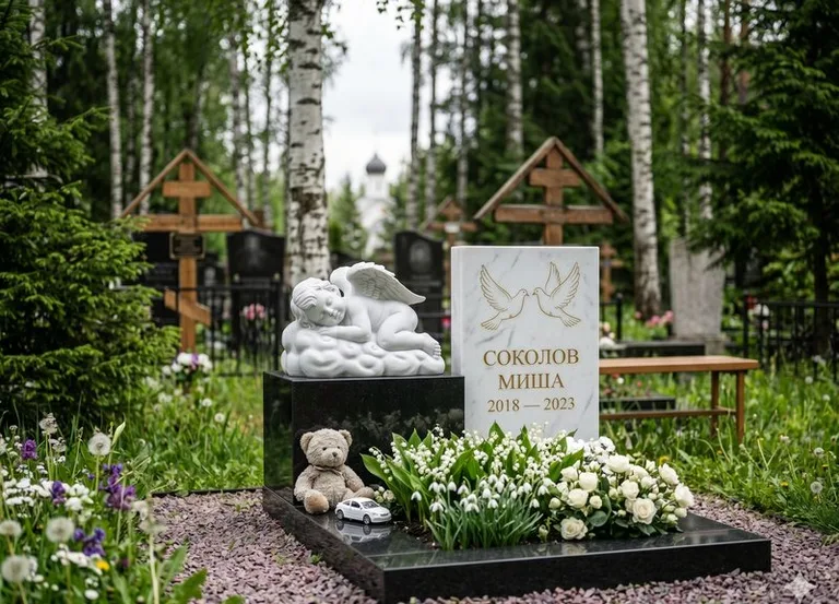 Белый ангелочек на детском памятнике в Казани