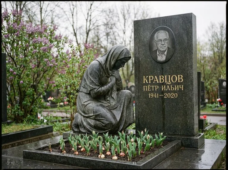 Гранитная скорбящая фигура у стелы на кладбище в Казани