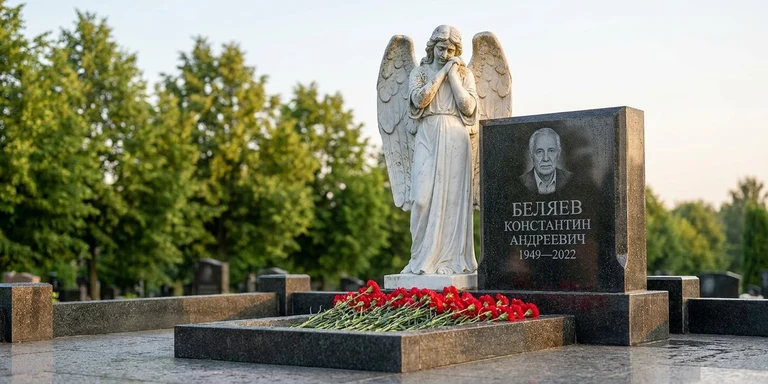 Скульптура на памятник в Казани — мраморный ангел на гранитном мемориале