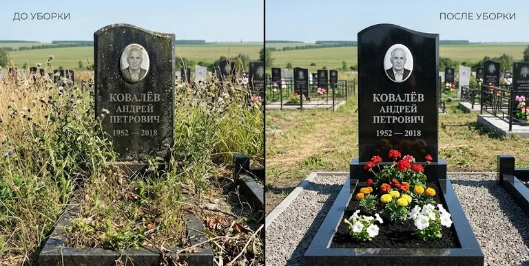 Уборка могилы до и после — ухоженный участок в Казани