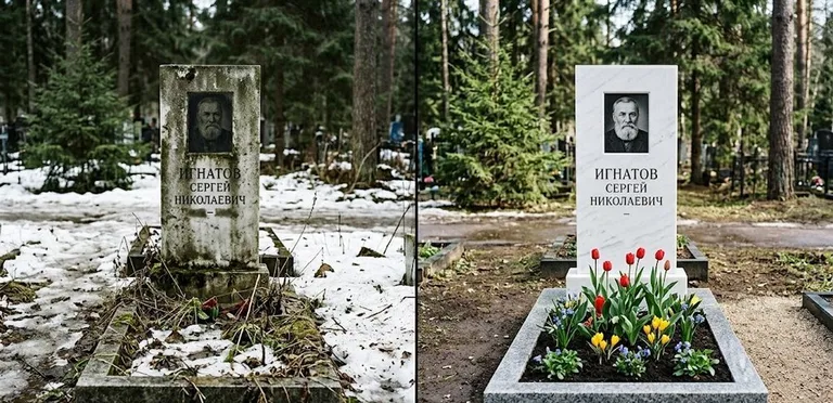 Диптих №6: высадка хризантем у подножия серого гранита — до и после уборки в Казани