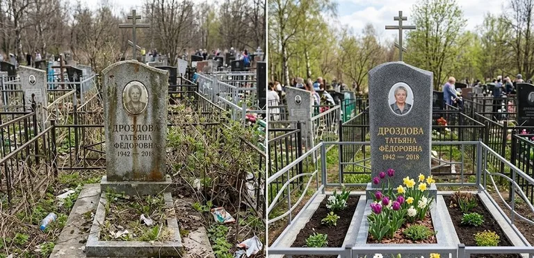 Диптих №4: свежепокрашенная серебром оградка и отмытый красный гранит — до и после в Казани