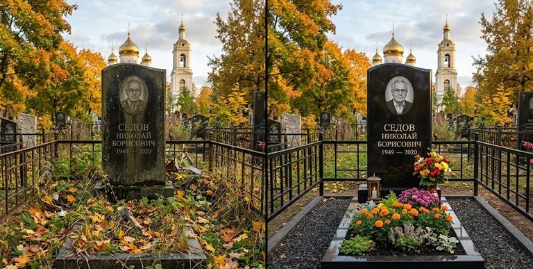 Уборка могилы до и после осенью — у церкви в Казани