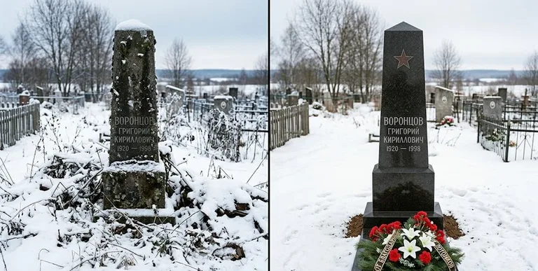 Уборка могилы до и после зимой — воинский обелиск в Казани