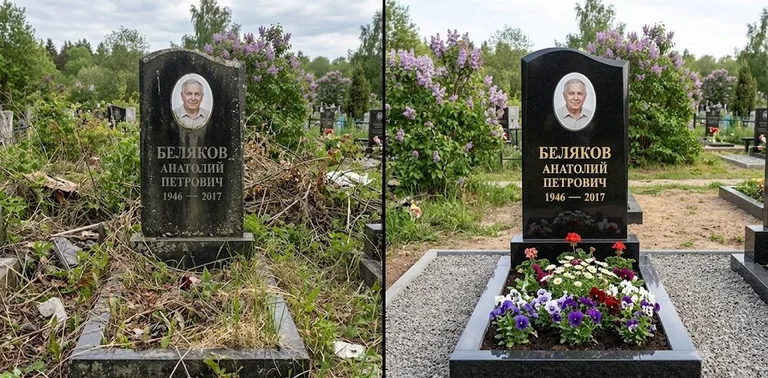 Уборка могилы до и после весной — цветущая сирень в Казани