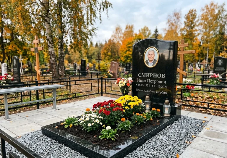 Ухоженная могила после уборки и мойки памятника в Казани