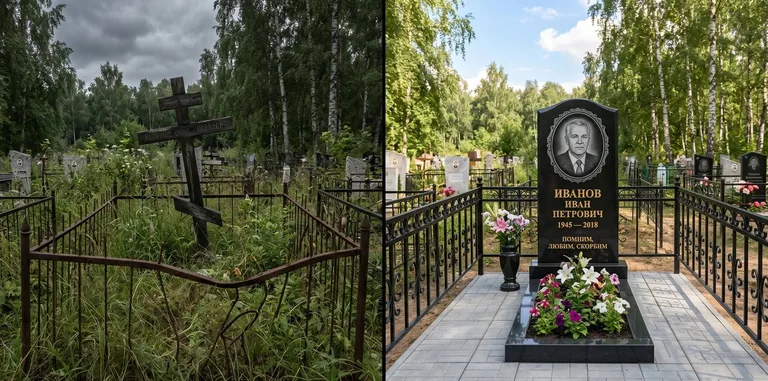 Благоустройство могилы до и после установки памятника в Казани