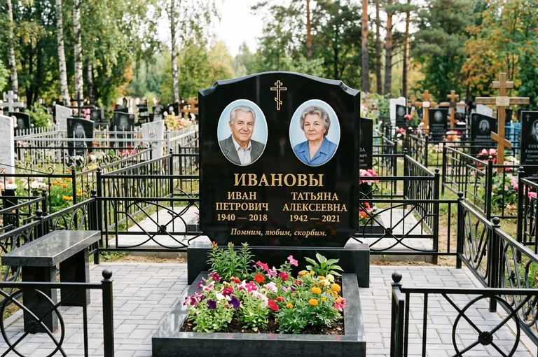 Двойной памятник с оградой и благоустройством в Казани