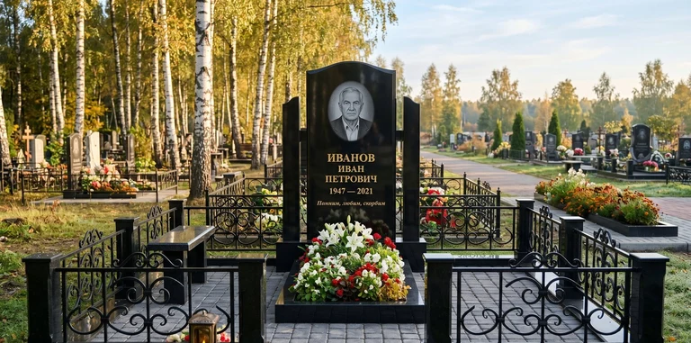 Установка памятника на могилу под ключ в Казани — гранитный мемориальный комплекс, ограда, плитка, благоустройство