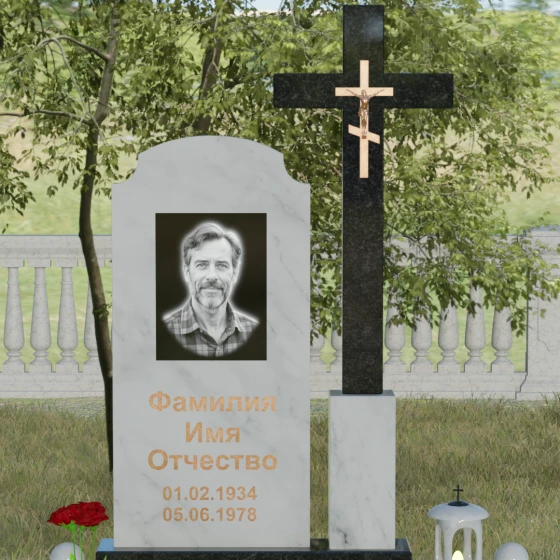 Гранитный православный памятник с крестом в Уфе, мрамор Тассос