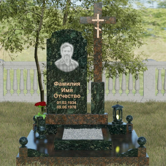 Гранитный православный памятник с крестом в Уфе, гранит Балтик грин, вид 2