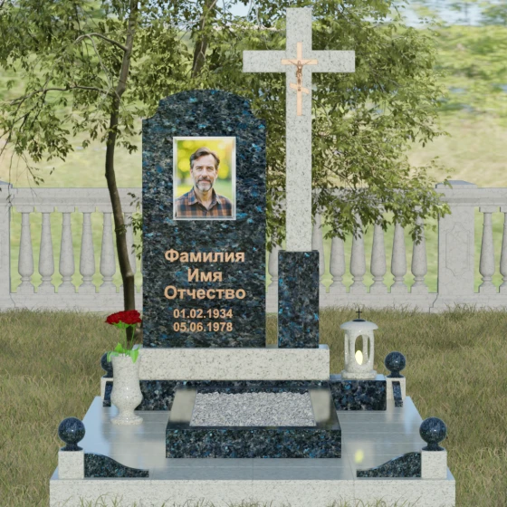 Гранитный православный памятник с крестом в Уфе, гранит Блю Перл, вид 2
