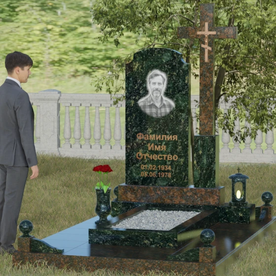 Гранитный православный памятник с крестом в Уфе, гранит Балтик грин, вид 4