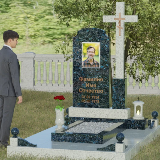 Гранитный православный памятник с крестом в Уфе, гранит Блю Перл, вид 4