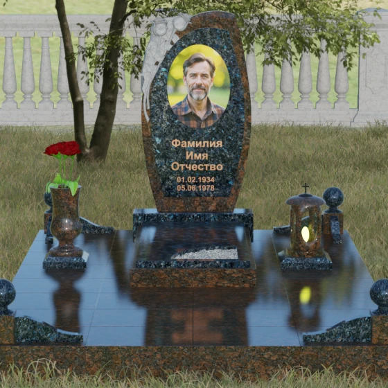 Комбинированный светский памятник в Казани, гранит Блю Перл, вид 2