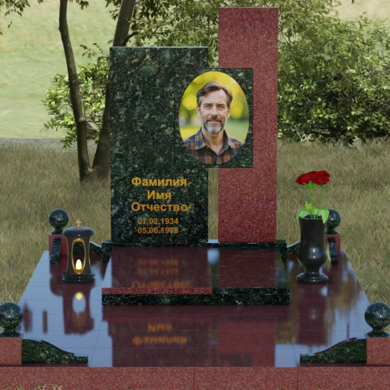 Комбинированный вертикальный памятник светский в Саратове, гранит Балтик грин, вид 2