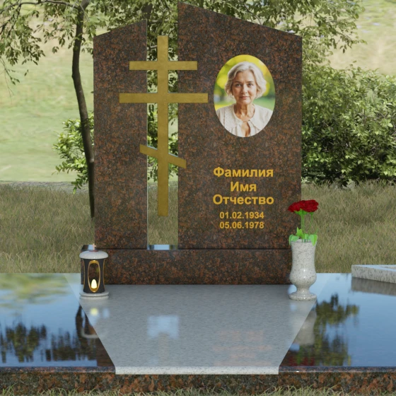 Православный комбинированный памятник с крестом в Сочи, гранит Дымовский, вид 2