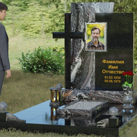 Православный комбинированный памятник в Тюмени, гранит амфиболит, вид 4