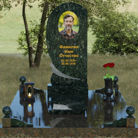 Светский вертикальный гранитный памятник в Набережных Челнах, гранит Балтик грин, вид 2