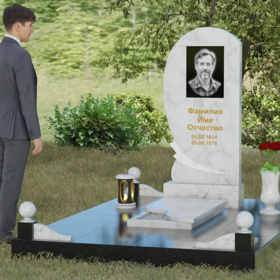 Светский вертикальный гранитный памятник в Набережных Челнах, мрамор Тассос, вид 4