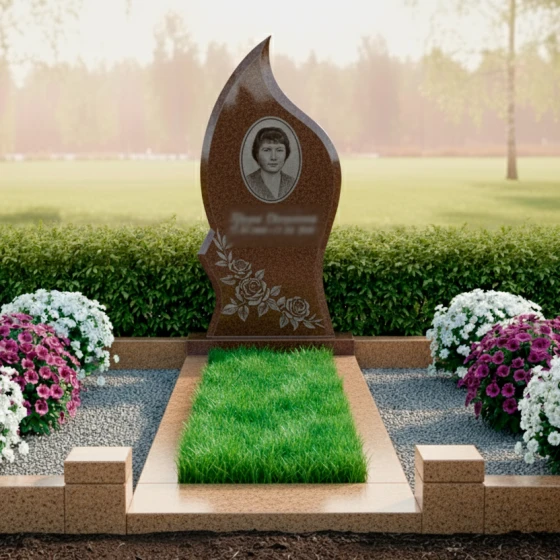 Гранитный памятник «Пламя памяти» с розами, гранит Дымовский