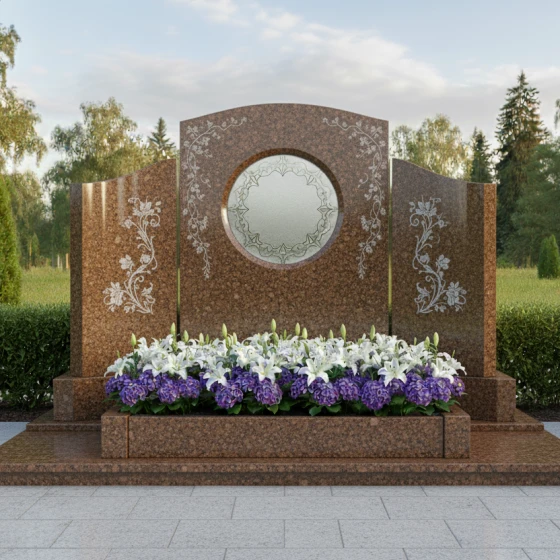 Гранитный памятник — свиток с круглой нишей, гранит Дымовский, в Москве