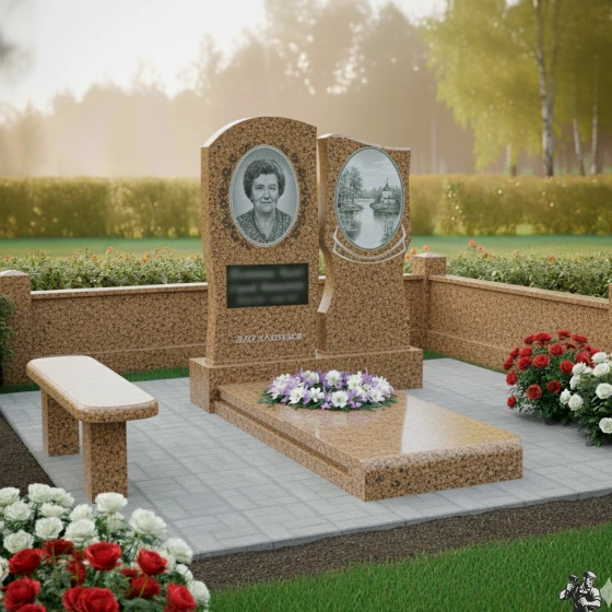 Двойной памятник с пейзажем и орнаментом, гранит Дымовский, в Москве