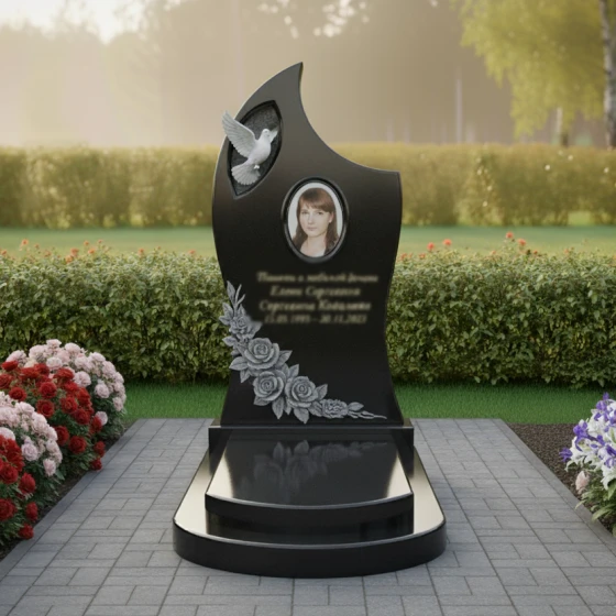 Гранитный православный памятник с крестом для мемориального комплекса в Перми, гранит Габбро-диабаз