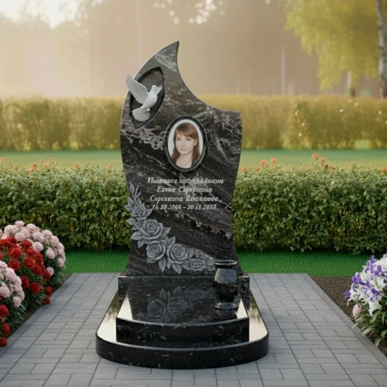 Гранитный православный памятник с крестом для мемориального комплекса в Перми, гранит амфиболит