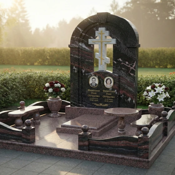 Элитный православный памятник с крестом на двоих в Воронеже, гранит амфиболит