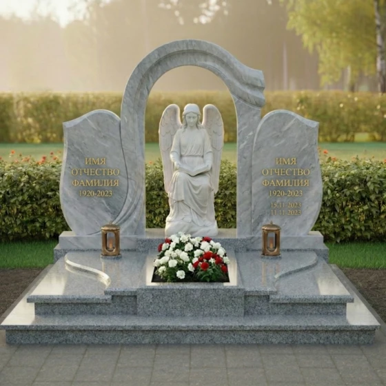 Элитный вертикальный памятник на двоих в Казани, гранит Мансуровский