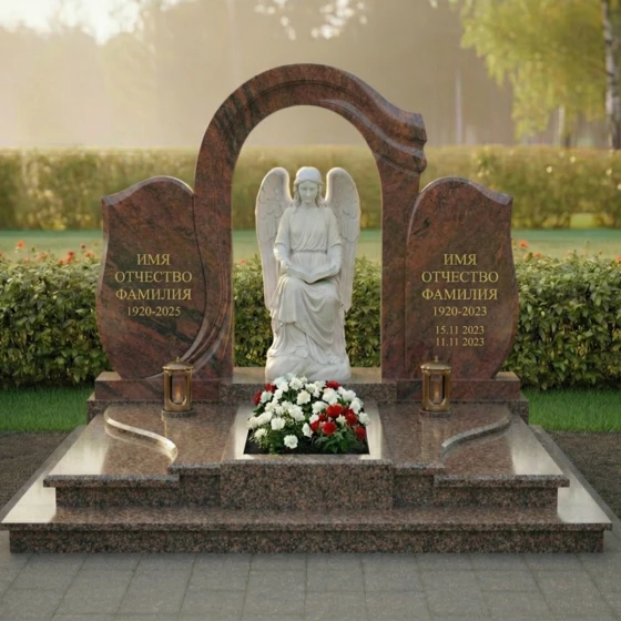 Элитный вертикальный памятник на двоих в Казани, гранит Дымовский