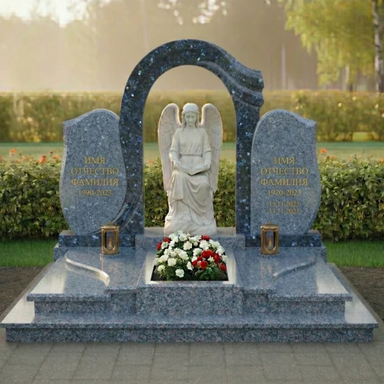 Элитный вертикальный памятник на двоих в Казани, гранит Блю Перл