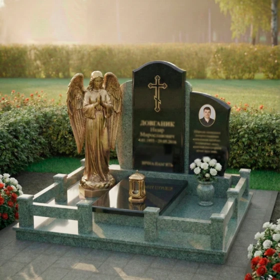 Комбинированный памятник с крестом в Перми, гранит Балтик грин