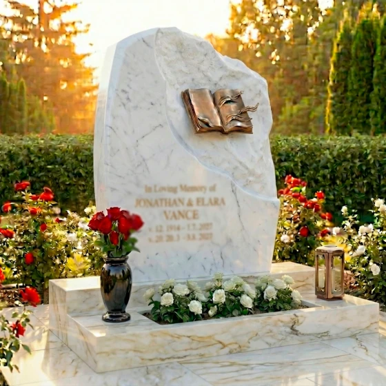 Элитный комбинированный памятник на двоих в Оренбурге, мрамор Тассос