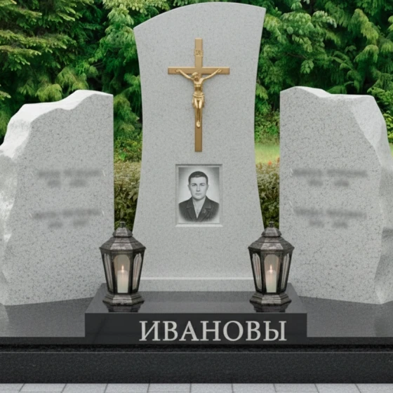 Гранитный вертикальный православный мемориал для двоих в Перми, гранит Мансуровский