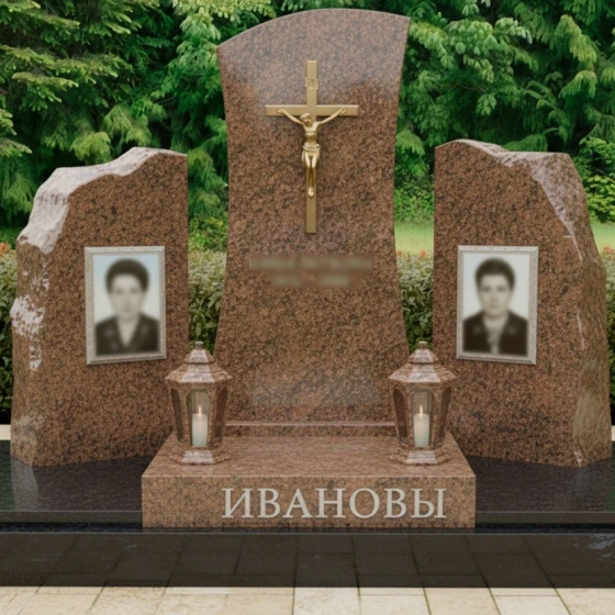 Гранитный вертикальный православный мемориал для двоих в Перми, гранит Дымовский