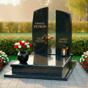 Элитный памятник из гранита и стекла с крестом для двоих - ПН237