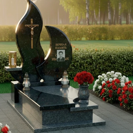 Гранитный православный памятник с крестом в Самаре, гранит амфиболит