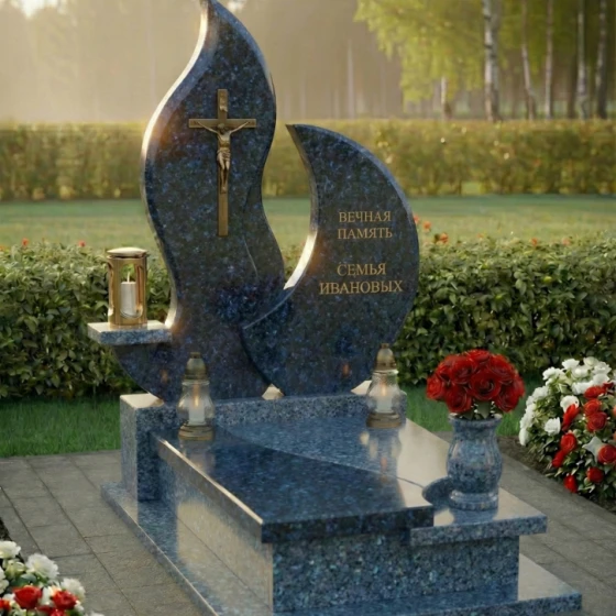 Гранитный православный памятник с крестом в Самаре, гранит Блю Перл