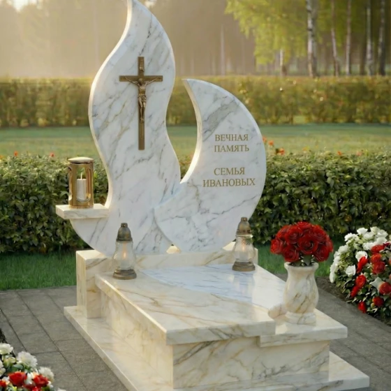 Гранитный православный памятник с крестом в Самаре, мрамор Тассос